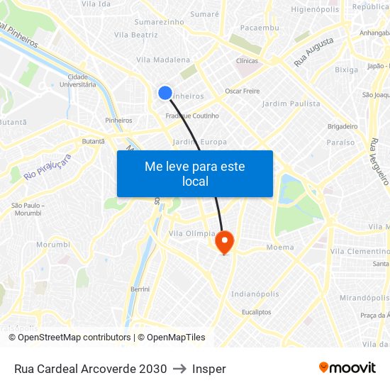 Rua Cardeal Arcoverde 2030 to Insper map