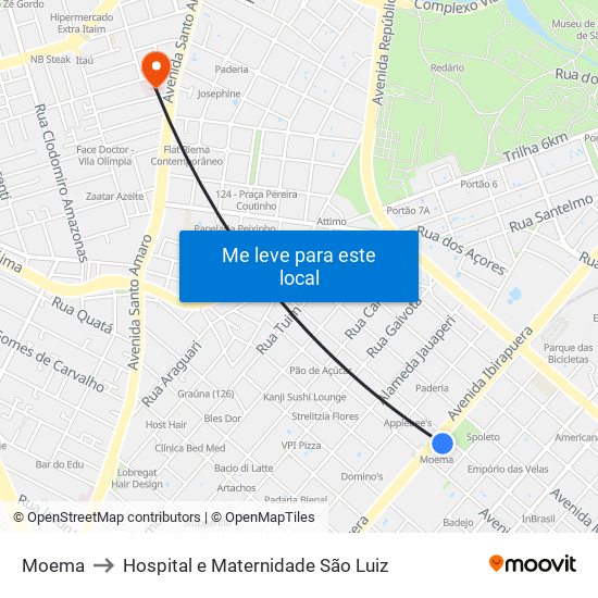 Moema to Hospital e Maternidade São Luiz map