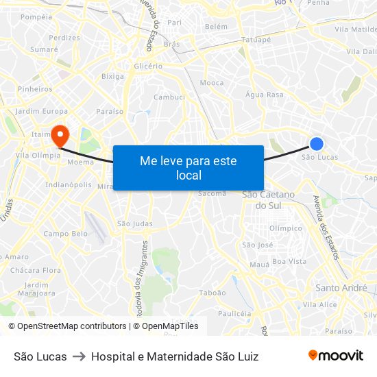 São Lucas to Hospital e Maternidade São Luiz map