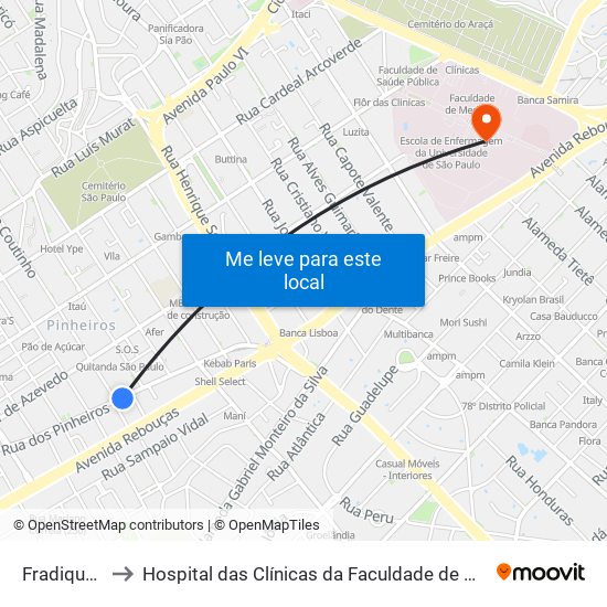 Fradique Coutinho to Hospital das Clínicas da Faculdade de Medicina da Universidade de São Paulo map