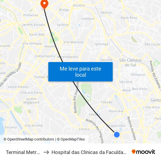 Terminal Metropolitano Piraporinha to Hospital das Clínicas da Faculdade de Medicina da Universidade de São Paulo map