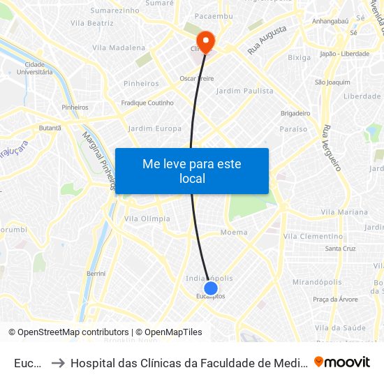 Eucaliptos to Hospital das Clínicas da Faculdade de Medicina da Universidade de São Paulo map