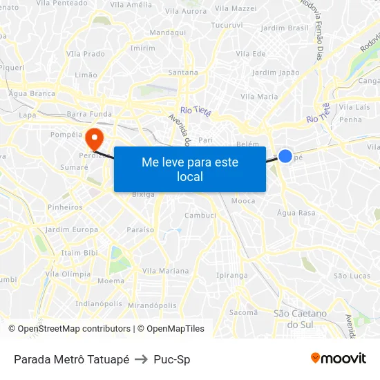 Parada Metrô Tatuapé to Puc-Sp map
