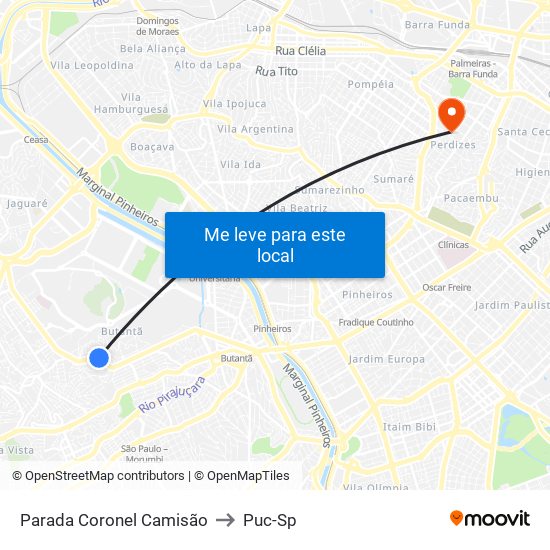 Parada Coronel Camisão to Puc-Sp map