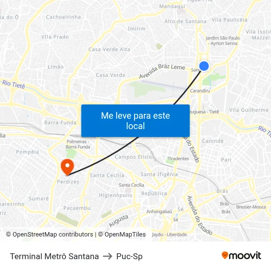 Terminal Metrô Santana to Puc-Sp map