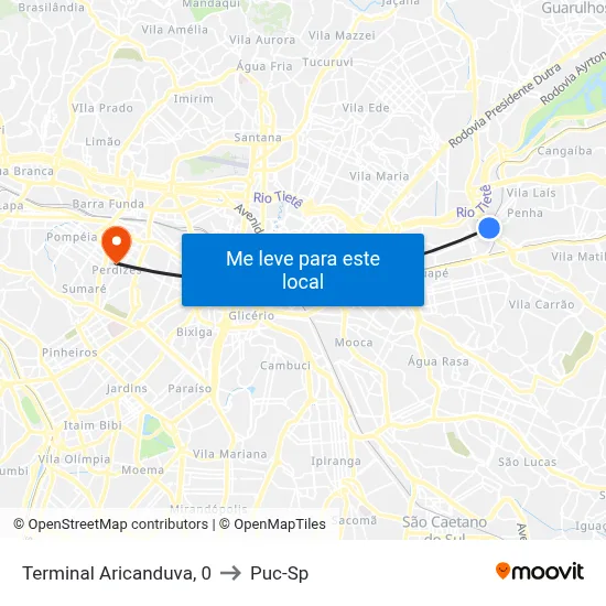 Terminal Aricanduva, 0 to Puc-Sp map