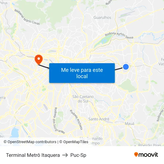 Terminal Metrô Itaquera to Puc-Sp map