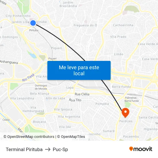 Terminal Pirituba to Puc-Sp map