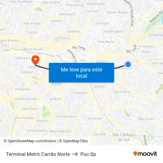 Terminal Metrô Carrão Norte to Puc-Sp map