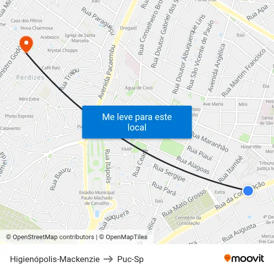 Higienópolis-Mackenzie to Puc-Sp map