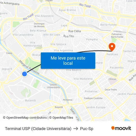 Terminal USP (Cidade Universitária) to Puc-Sp map
