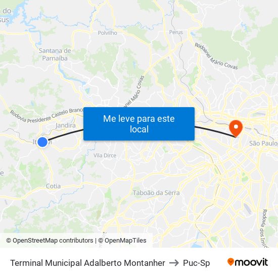 Terminal Municipal Adalberto Montanher to Puc-Sp map