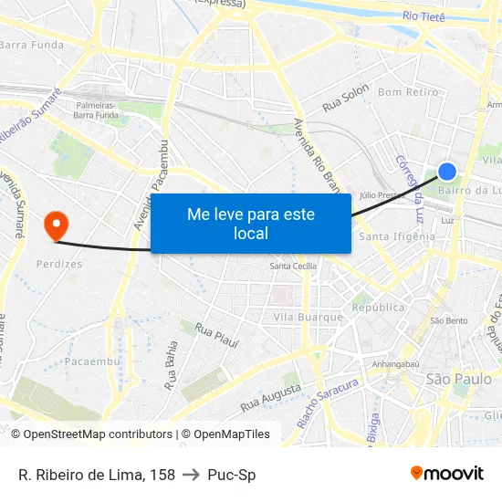 R. Ribeiro de Lima, 158 to Puc-Sp map