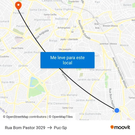 Rua Bom Pastor 3029 to Puc-Sp map