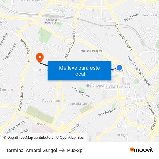 Terminal Amaral Gurgel to Puc-Sp map