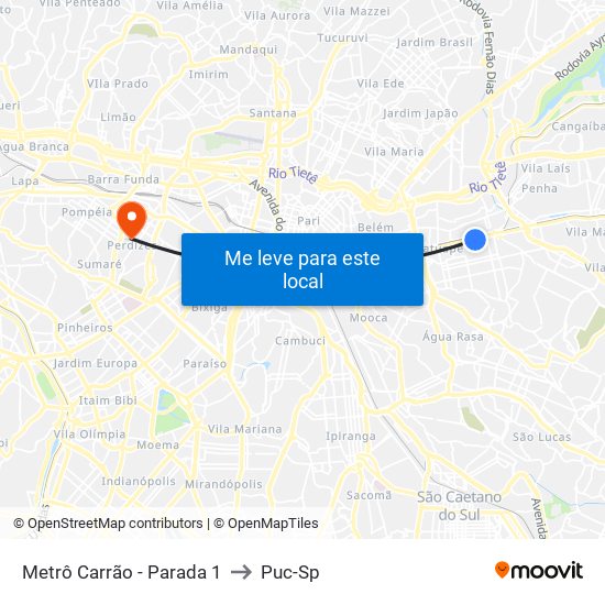 Metrô Carrão - Parada 1 to Puc-Sp map