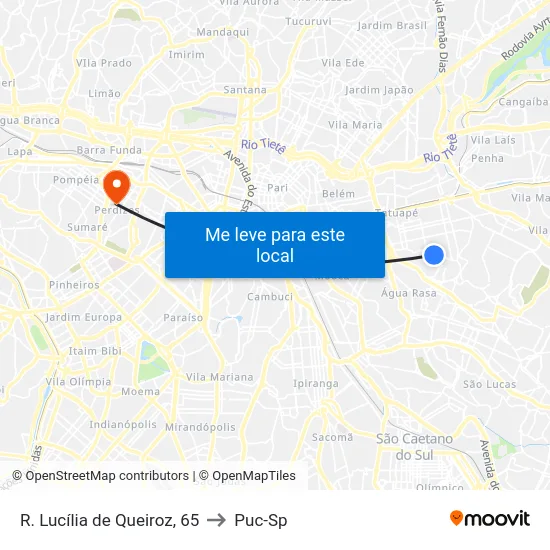 R. Lucília de Queiroz, 65 to Puc-Sp map