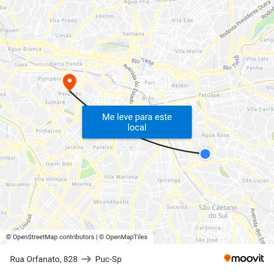 Rua Orfanato, 828 to Puc-Sp map
