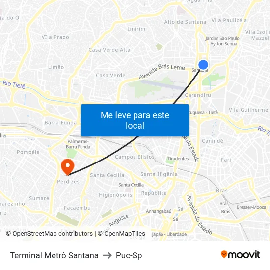 Terminal Metrô Santana to Puc-Sp map