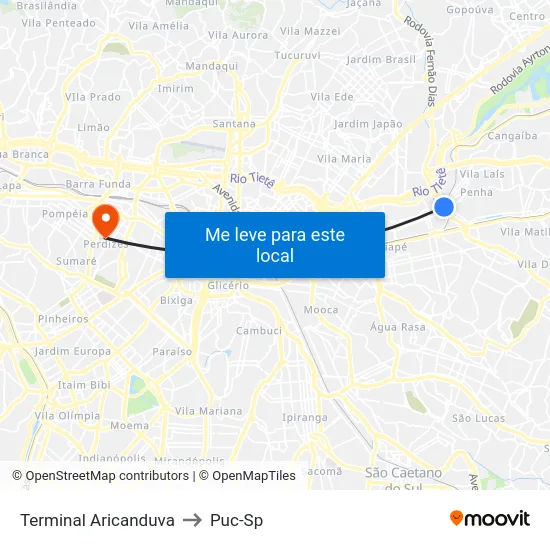 Terminal Aricanduva to Puc-Sp map
