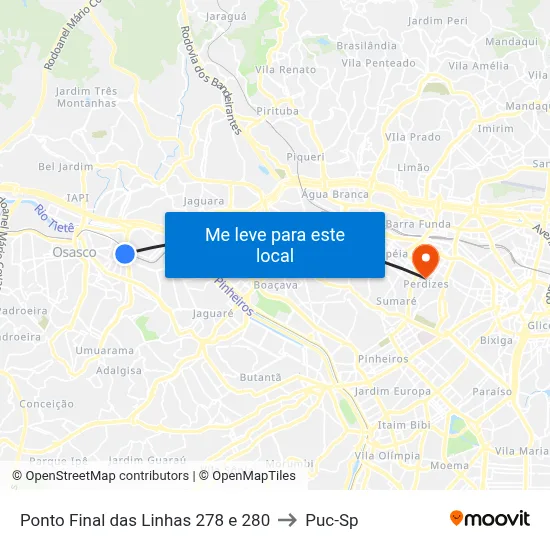Ponto Final das Linhas 278 e 280 to Puc-Sp map