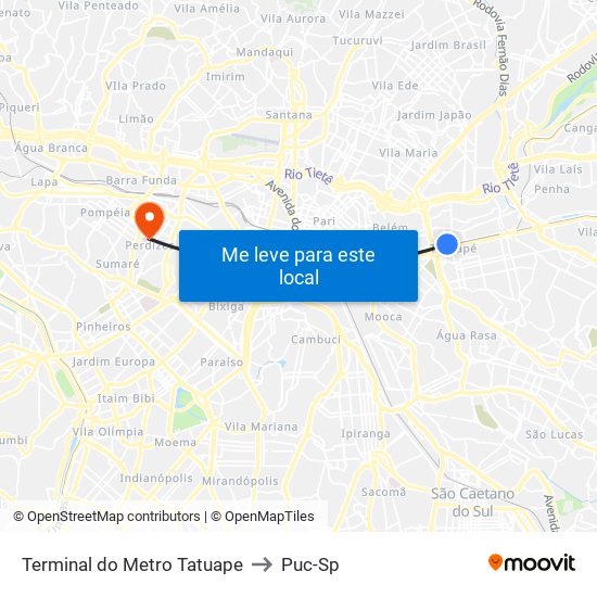 Terminal do Metro Tatuape to Puc-Sp map