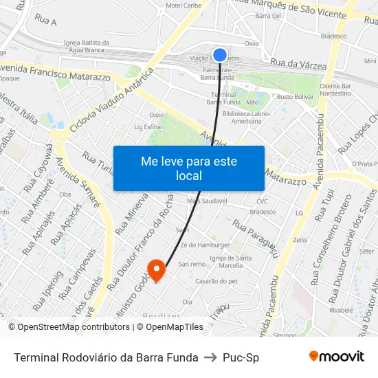 Terminal Rodoviário da Barra Funda to Puc-Sp map