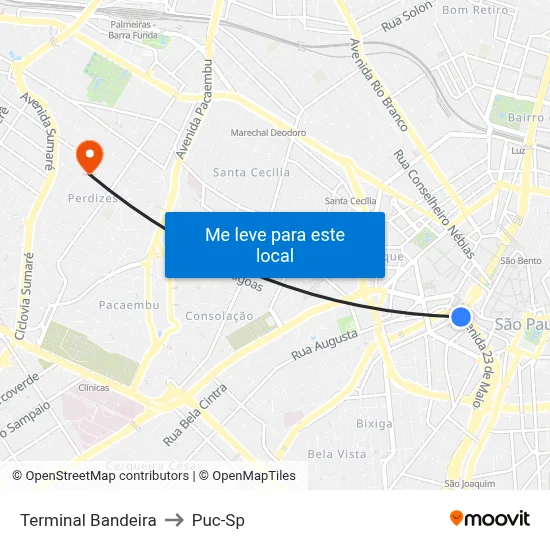 Terminal Bandeira to Puc-Sp map