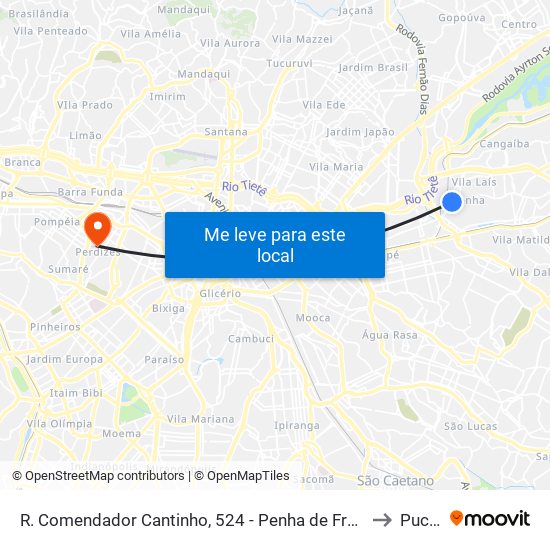 R. Comendador Cantinho, 524 - Penha de França, São Paulo to Puc-Sp map