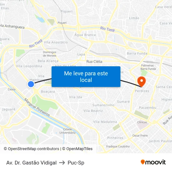 Av. Dr. Gastão Vidigal to Puc-Sp map