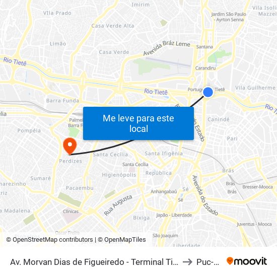 Av. Morvan Dias de Figueiredo - Terminal Tietê to Puc-Sp map