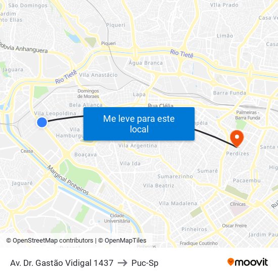 Av. Dr. Gastão Vidigal 1437 to Puc-Sp map