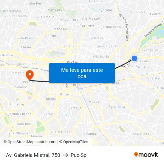 Av. Gabriela Mistral, 750 to Puc-Sp map