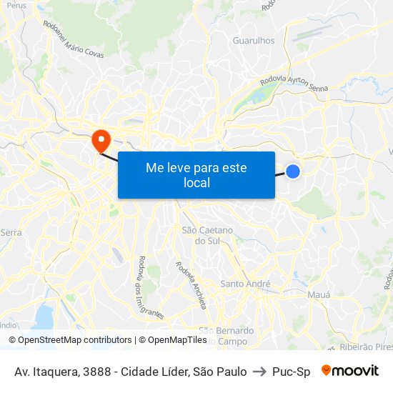 Av. Itaquera, 3888 - Cidade Líder, São Paulo to Puc-Sp map