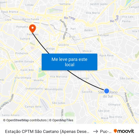 Estação CPTM São Caetano (Apenas Desembarque) to Puc-Sp map