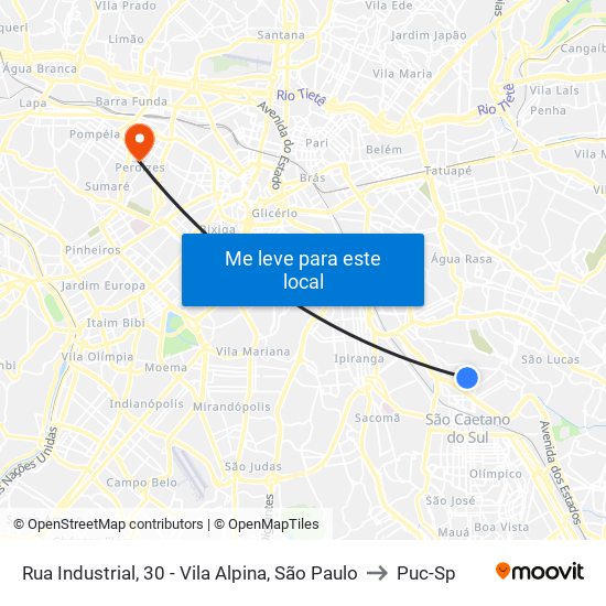 Rua Industrial, 30 - Vila Alpina, São Paulo to Puc-Sp map