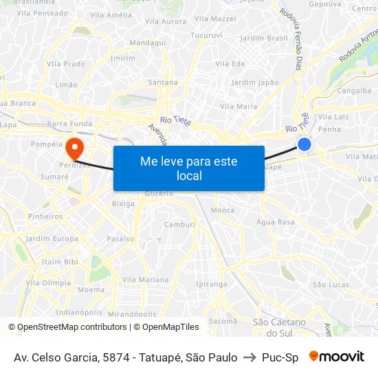 Av. Celso Garcia, 5874 - Tatuapé, São Paulo to Puc-Sp map