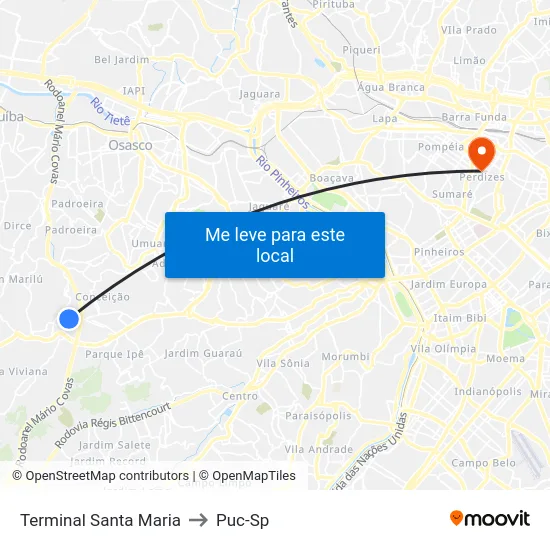Terminal Santa Maria to Puc-Sp map