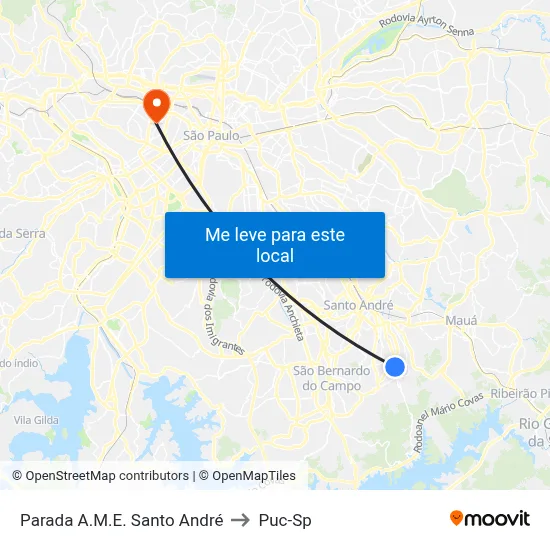 Parada A.M.E. Santo André to Puc-Sp map