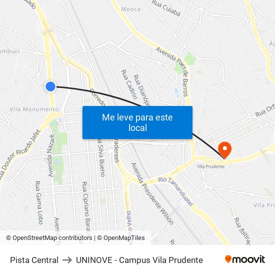 Pista Central to UNINOVE - Campus Vila Prudente map