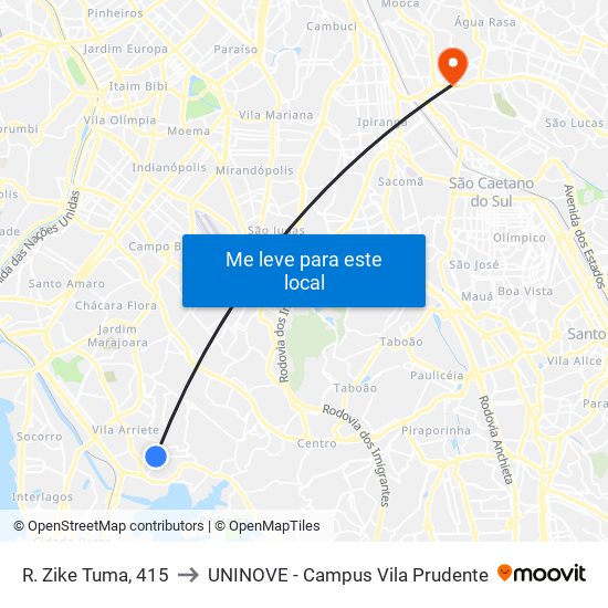 R. Zike Tuma, 415 to UNINOVE - Campus Vila Prudente map