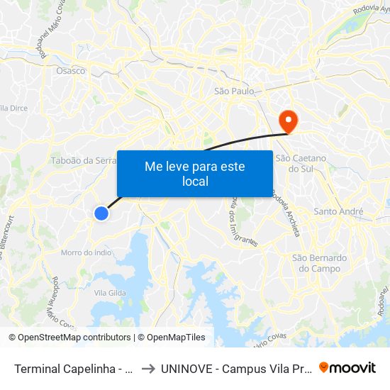 Terminal Capelinha - Plat. 1 to UNINOVE - Campus Vila Prudente map