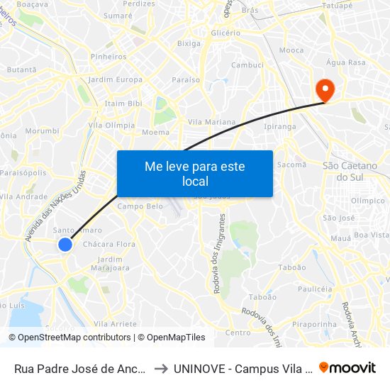 Rua Padre José de Anchieta 182 to UNINOVE - Campus Vila Prudente map