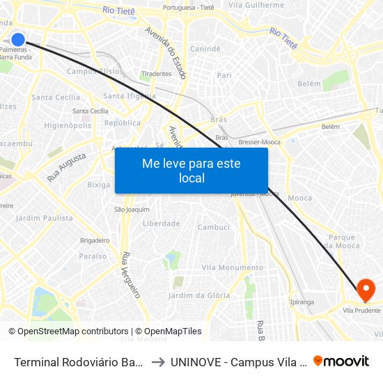 Terminal Rodoviário Barra Funda to UNINOVE - Campus Vila Prudente map