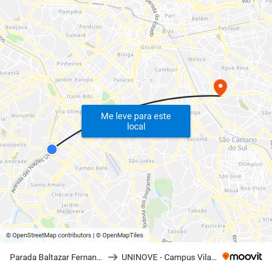 Parada Baltazar Fernandes (C/B) to UNINOVE - Campus Vila Prudente map