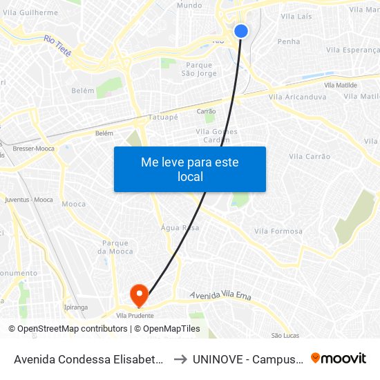 Avenida Condessa Elisabeth De Robiano 4810 to UNINOVE - Campus Vila Prudente map