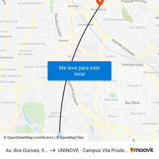 Av. dos Ourives, 980 to UNINOVE - Campus Vila Prudente map
