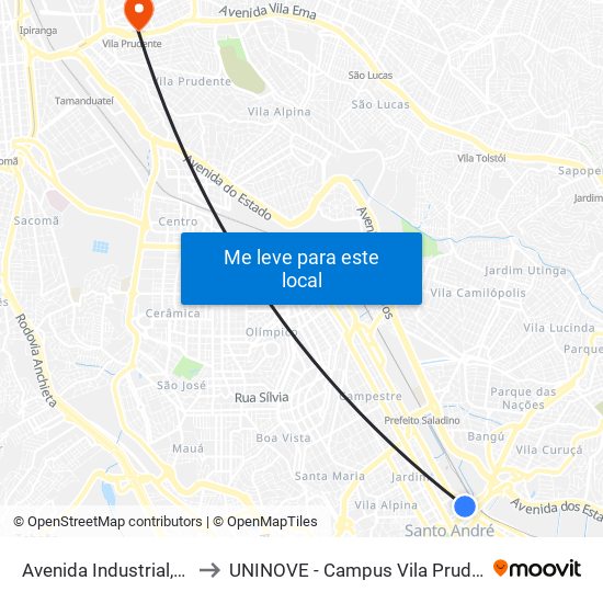 Avenida Industrial,159 to UNINOVE - Campus Vila Prudente map