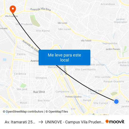 Av. Itamarati 2506 to UNINOVE - Campus Vila Prudente map