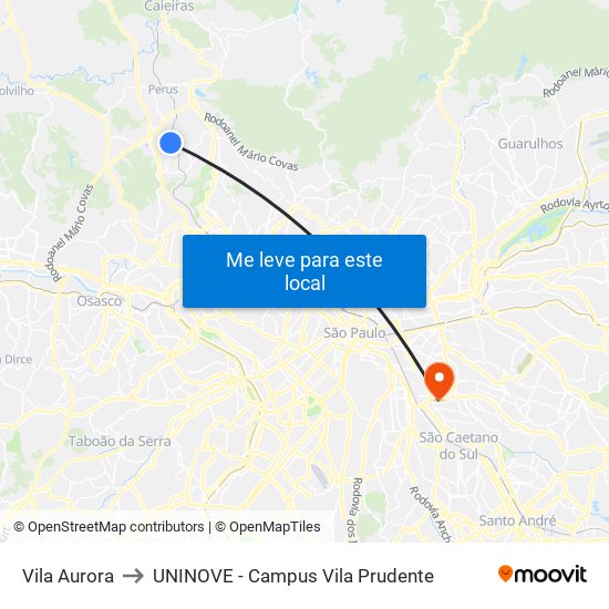 Vila Aurora to UNINOVE - Campus Vila Prudente map
